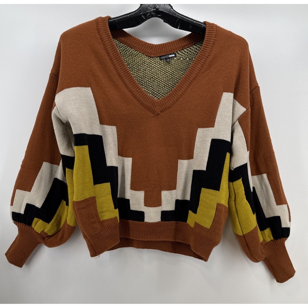 Fashion Nova Color Block V Neck Sweater‎  Size Medium Oversized Thick Warm